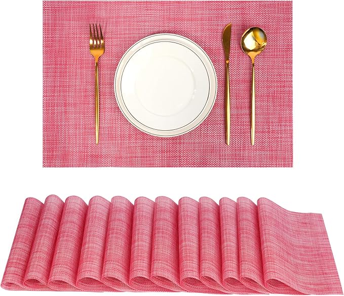 Placemats Set of 12，Christmas Decoration Non-Slip PVC Weave Table Mats Easy to Clean，Heat Resistant Place Mats for Kitchen Dining Table Decoration Indoor Outdoor，Red
