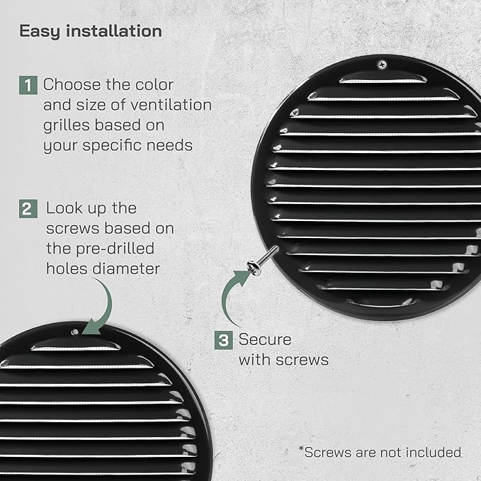 Vent Systems 8" Black Soffit Vent Cover - Pack of 2 - Round Air Vent Louver - Grill Cover - Built-in Insect Screen - HVAC Vents for Bathroom, Home Office, Kitchen