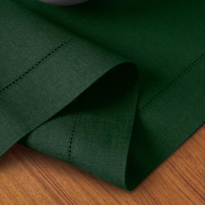 D'Moksha Homes Linen Forest Green Table Runner 132 Inches Long - 100% Pure Linen Extra Long Table Runner 14 x 132 Inch for St Patricks Day, Easter - Classic Hemstitch
