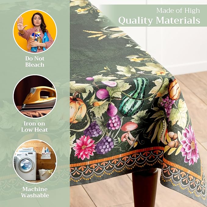 Maison d' Hermine Table Cloth Rectangle Table 100% Cotton 60 x 120 Inches Fall Tablecloth Reusable Everyday Use for Thanksgiving Christmas Decorations Dining Farmhouse (Pumpkin Garden - Dark Green)