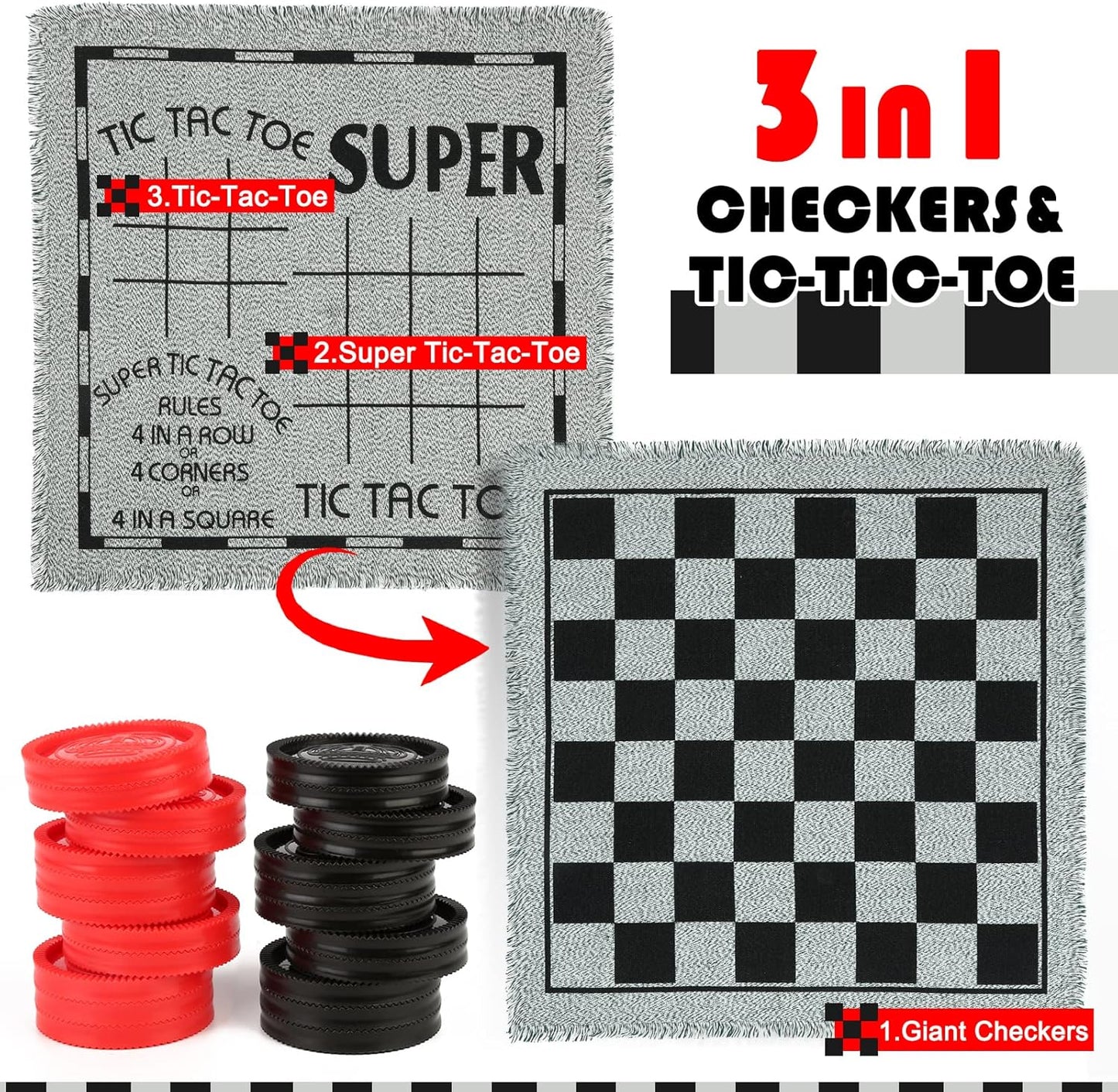 Giant Checkers Board Game Set,3 in 1 Tic Tac Toe Board Draughts Reversible Rug Game for Kids & Adults, Big Checker Floor Game Mat,Indoor Outdoor Yard Game for Family Camping Party
