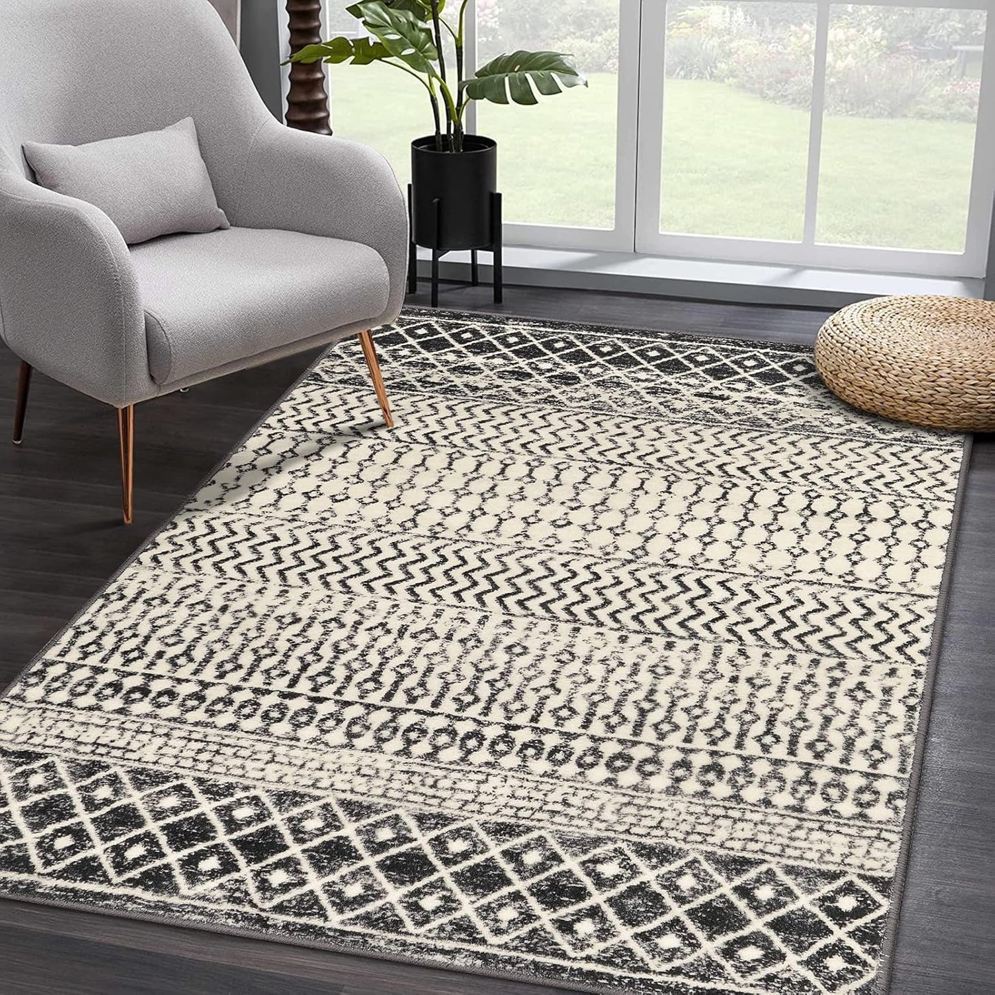 Moroccan Large Area Rug 5x7, Washable Non-Slip Black Distressed Tribal Living Room Rug, Soft Low-Pile Dining Room Rug Traditional Farmhouse Carpet for Bedroom Dorm Office Home Decor