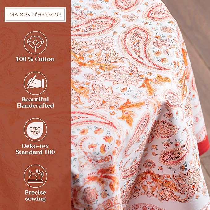 Maison d' Hermine Table Cloth Round Table 100% Cotton 69 Inches Fall Tablecloth Reusable Everyday Use for Thanksgiving Christmas Decorations Dining Farmhouse Party (Orient)