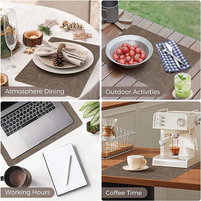 Vinyl Placemats Set of 8, Faux Leather Waterproof and Heat Resistant Place Mats, Washable Anti-Slip Table Mats with Coaster, Wipeable Placemats for Indoor & Outdoor 17" x 12" (Dark Coffee, Set of 8)