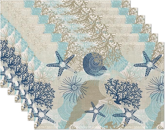 Ocean Coral Placemats Set of 6,Shells Algae Reefs Table Mats Non-Slip Heat Resistant Washable Placemat for Party Kitchen Dining Table Decoration Indoor Outdoor