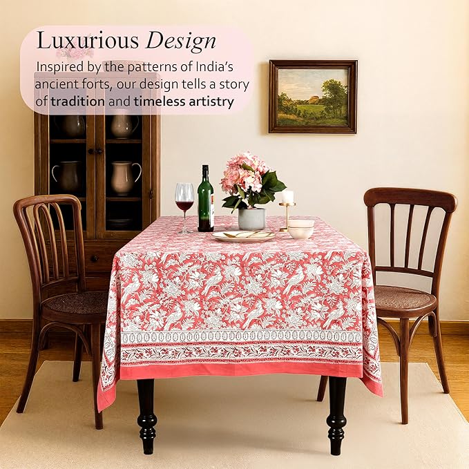CPC Cotton Tablecloth 80x120 Inch Rectangle Indian Block Print Tablecloth- Pink Washable Wedding Table Cover for Thanksgiving/Christmas- Pink Coral