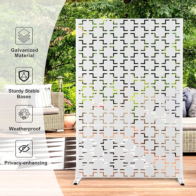 Metal Privacy Screen Outdoor 72" H×47" W,Freestanding Decorative Privacy Screen for Balcony Yard&Garden,Privacy Fence-White&Square