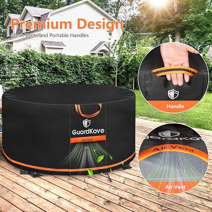 [Upgraded 1000D Heavy Duty Fabric] 32” Fire Pit Cover Round for 29”- 32” Fire Pit/Tables, Waterproof Tear & Fade Resistant Firepit Cover with Buckle, Handle, Drawstring, Air Vent (32”D x 16”H,Black)
