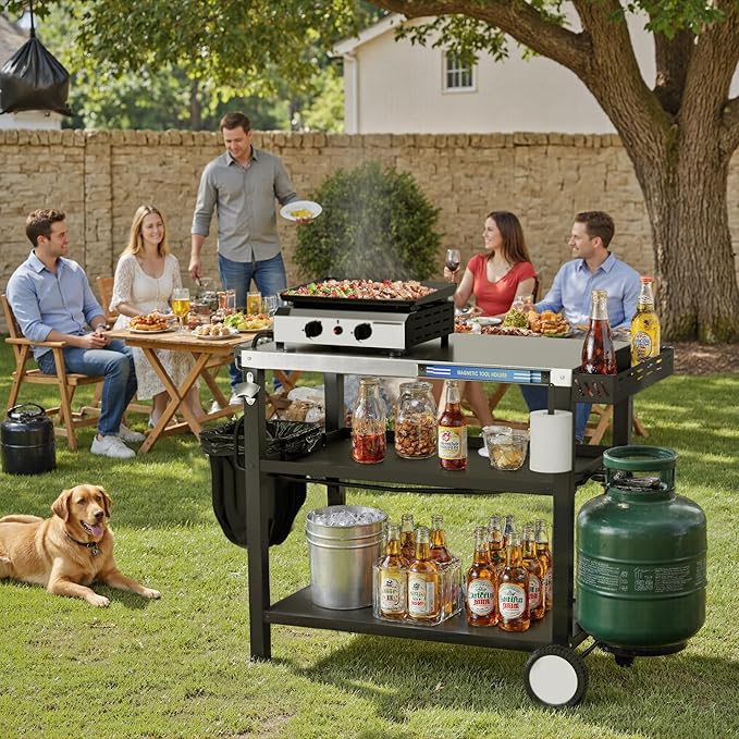 34" L x 20" W Stainless Steel Outdoor Grill Table, Grill Cart for Outside, Pizza Oven Table Stand with Magnetic Tool Holder, Wheels,Hooks, Side Tray &Handle