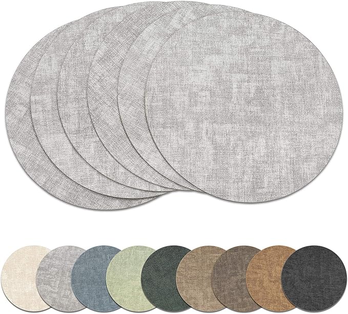 13" Round Placemats Set of 6, Reversible Faux Leather Heat Resistant Table Mats, Waterproof Oilproof Wipeable Table Protective Placemats for Vinyl, Washable for Indoor & Outdoor Use (6, Light Grey)
