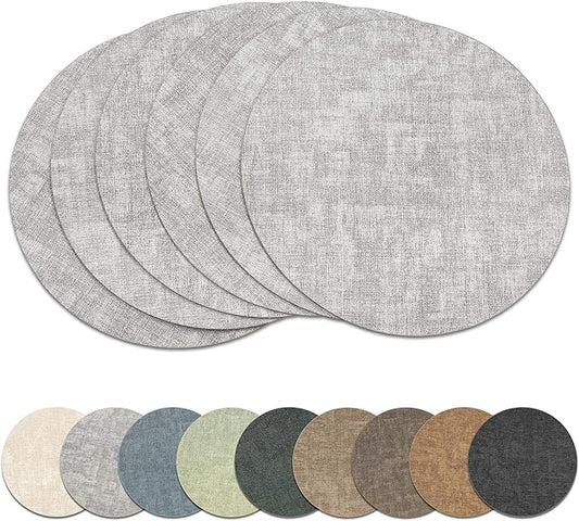 13" Round Placemats Set of 6, Reversible Faux Leather Heat Resistant Table Mats, Waterproof Oilproof Wipeable Table Protective Placemats for Vinyl, Washable for Indoor & Outdoor Use (6, Light Grey)