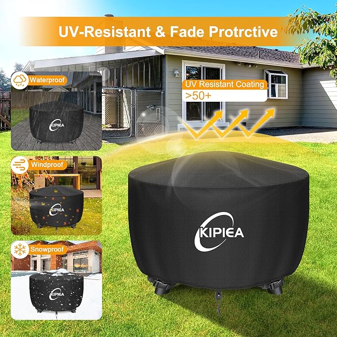 Kipiea Round Fire Pit Cover - 100% Waterproof Upgraded 600D Strong Tear Resistant Firepit Cover, UPF 50+ Outdoor Fire Pit Cover Fading Resistant, 50" Dia X 24" H