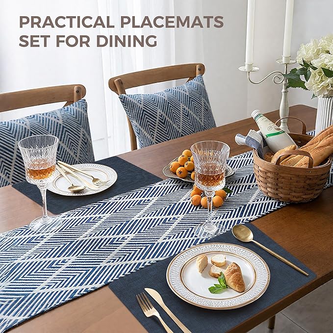 Vinyl Placemats Set of 6, Faux Leather Waterproof and Heat Resistant Place Mats, Washable Anti-Slip Table Mats with Coaster, Wipeable Placemats for Indoor & Outdoor 17" x 12" (Navy Blue, Set of 6)