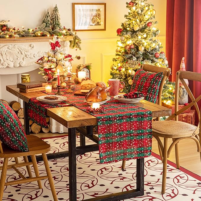 Green Red Plaid Snowflake Christmas Table Runner, Winter Holiday Table Runners 72 inches Long Xmas Decorations Indoor Outdoor Farmhouse Home Kitchen Dining Party Decor