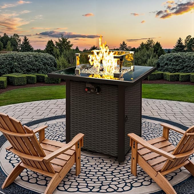 Propane Outdoor Fire Pit Table, 28" Rattan Square Fire Pit Table, Outdoor Gas FirePit W/Glass Wind Guard, Tempered Glass Tabletop, Lid, CSA Listed, 50,000 BTU, Outside Patio Deck & Garden, Black