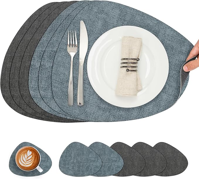 Placemats and Coasters, Washable Reversible Placemats Round Faux Leather Wipeable Place Mats Non Slip Heat Resistant Indoor Outdoor Table Mats (Set of 6, Gray Light Blue)