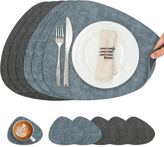 Placemats and Coasters, Washable Reversible Placemats Round Faux Leather Wipeable Place Mats Non Slip Heat Resistant Indoor Outdoor Table Mats (Set of 6, Gray Light Blue)