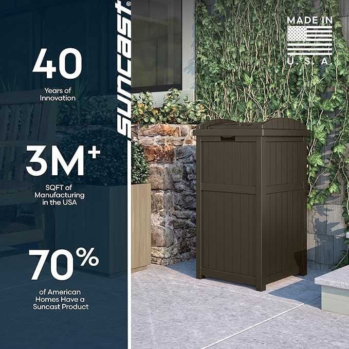 Suncast 33 Gallon Durable Plastic Hideaway Outdoor Garbage Can with Secure Lid and Wicker Design for Home Backyards, Decks, or Patios, Java Brown