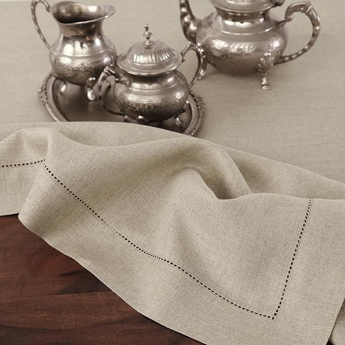Solino Home Linen Natural Table Runner 120 Inches Long - 100% Pure Linen Hemstitch 14 x 120 Inch Table Runner for Dining, Spring, Easter - Classic Hemstitch
