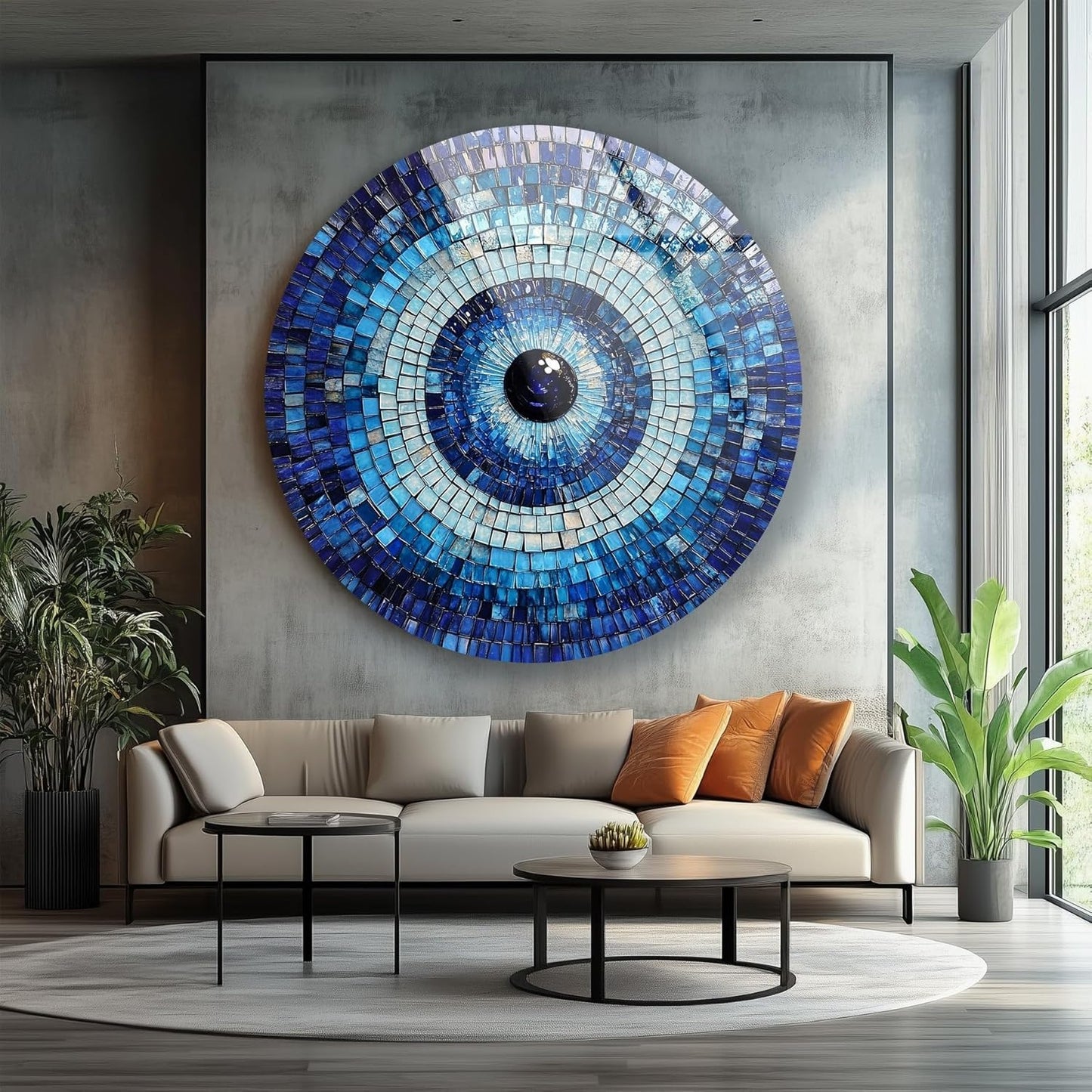 My Photostation.com 10''(25cm) Diameter Blue Mosaic Evil Eye Round Glass Wall Art Tempered Glass Printing Wall Decor Large Wall Art Wall Hangings
