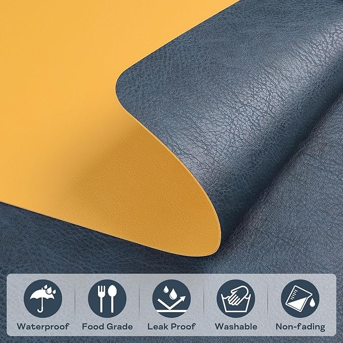 Faux Leather Placemats Set of 6 Table Mats Heat Resistant Reversible Place Mats, Waterproof Wipeable Dining Table Placemats for Home Party Outdoor, 15.8 x 11.8 inches (Blue/Yellow)