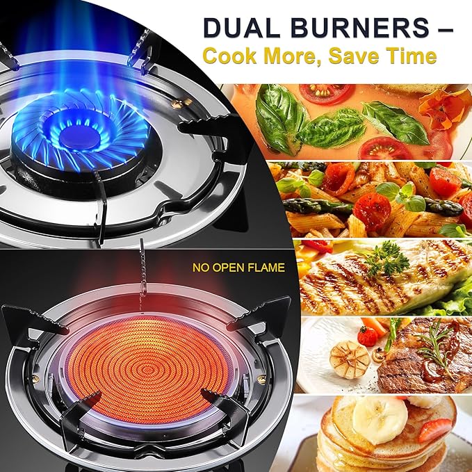 2 Burner Propane Gas Stove, 20472 BTU/h Portable Tempered Glass Camping Stove with Infrared and Blue Flame, Auto-Ignition, Portable BBQ Propane for Cooking, Outdoor, Camping, RV & Emergency Use