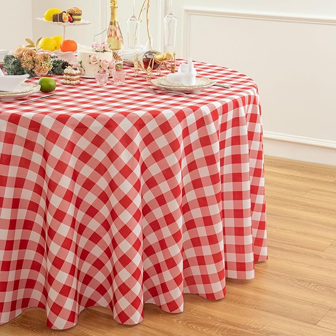 Waterproof Plaid Tablecloth Fabric - Round 120 Inch Classic Gingham Checker Table Cloth for Indoor/Outdoor Use - Buffalo Table Cover for Picnics, BBQs, and Parties