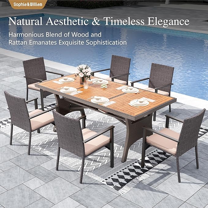 Sophia & William 7 Piece Patio Dining Set, Patio Table and Chairs Set Outdoor Dining Set for 6, Acacia Wood Patio Dining Table Set with PE Rattan Wicker Chairs for Garden, Porch, Backyard