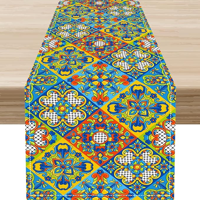 Mexican Table Runner, Blue Rustic Mexico Talavera Ceramic Hand Painted Tiles Cinco De Mayo Coffee Table Center Decor for Family Kitchen and Dining Patio Indoor Outdoor Table Decorations, 13" X 90"