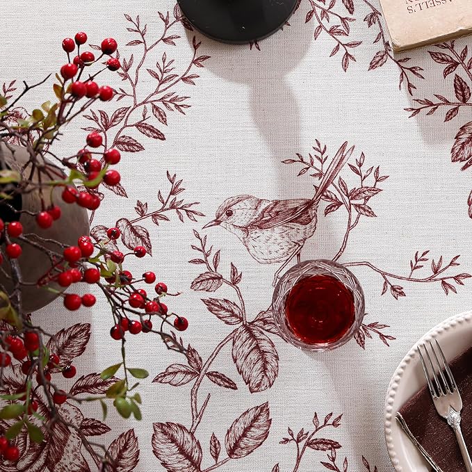 ISAENNE Designer Vintage Linen Long Tablecloth Rectangle,Red Floral Pattern Linen Stain Resistant Table Cloth,Decor Tablecloths for Dining Thanksgiving Kitchen Tea Party,63"*94"-Harmony