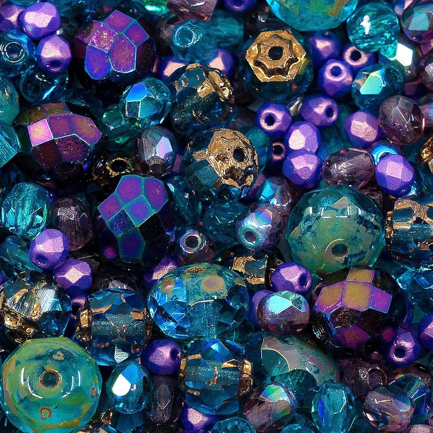1.8oz (50g) of Blue Purple Mix of Czech Faceted Fire Polished Beads (Round, Catherdal, Rondelle)