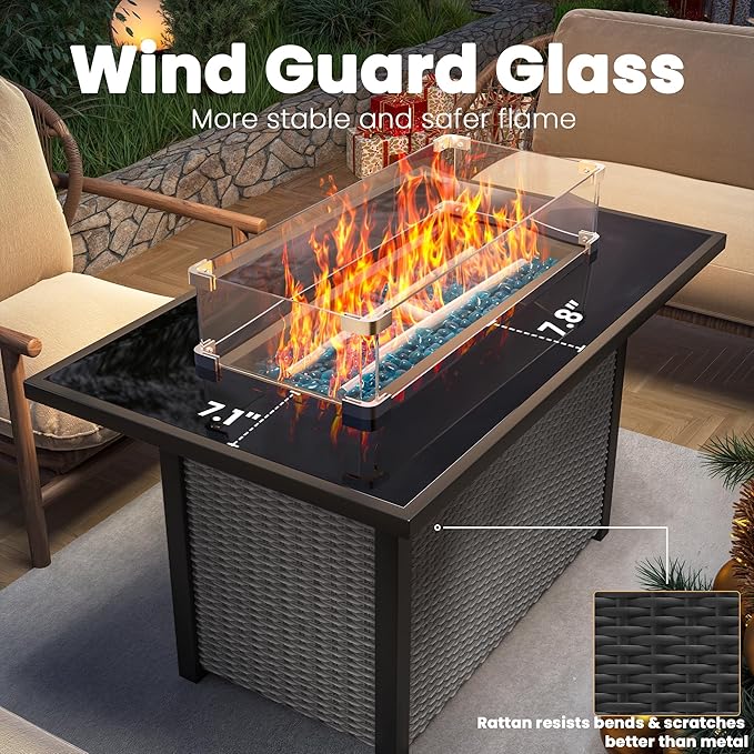 Propane Outdoor Fire Pit Table, 43" Rattan Rectangle Fire Pit Table, Outdoor Gas FirePit W/Glass Wind Guard, Tempered Glass Tabletop, Lid, CSA Listed, 60,000 BTU for Outside Patio Deck & Garden, Black