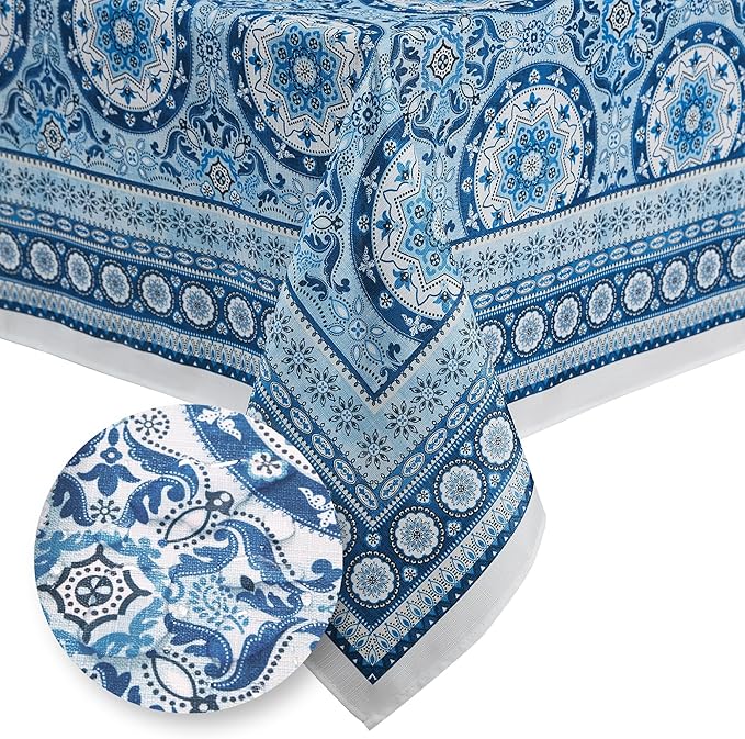 Elrene Home Fashions Vietri Medallion Blue Coastal Block Print Stain & Water Resistant Indoor/Outdoor Fabric Rectangle Tablecloth, 60"x120"