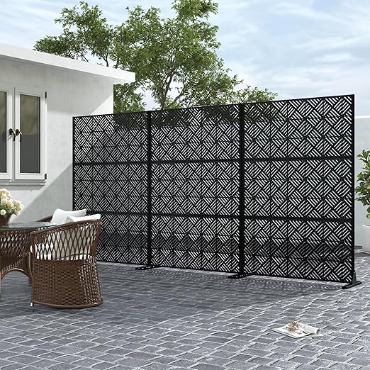 Casaphoria Metal Privacy Screen Outdoor, 72" H x 47" W Freestanding Decorative Privacy Screen for Patio Deck Balcony Garden with Stable Base, Black-Cecil
