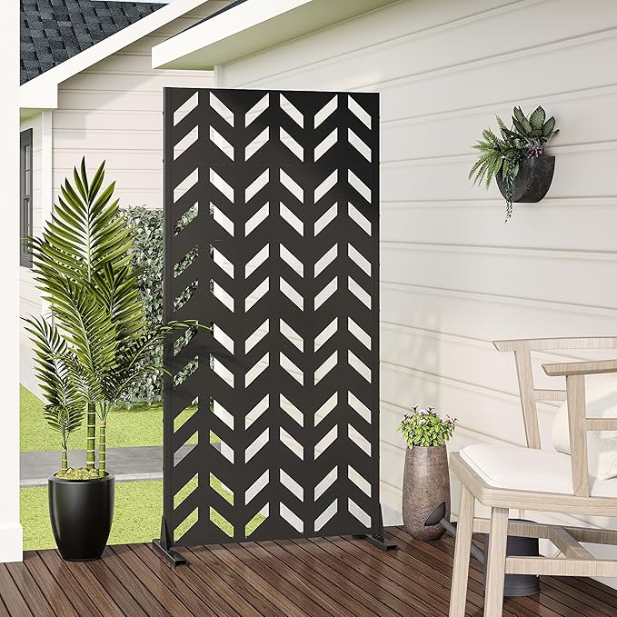 Casaphoria 72" H x 35" W Metal Privacy Screen, Outdoor Freestanding Decorative Divider for Patio, Deck, Balcony, and Garden with Stable Base, Black Keith