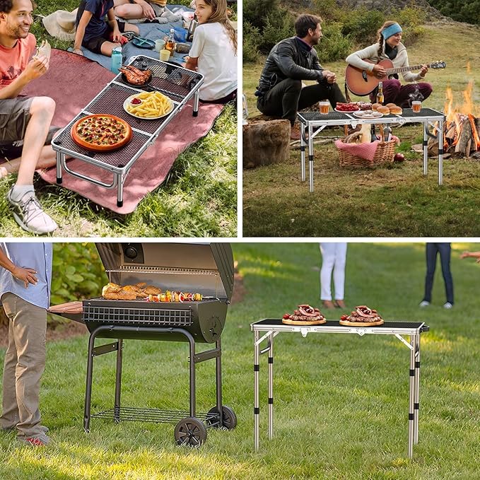 Anbte 3ft Folding Grill Table with Storage Bag, 3 Adjustable Height 27.5" Aluminum Portable Grill Table, Heat Resistant, Lightweight, Portable Handle for BBQ Cooking Camping Travel, 35" X 16", Silver