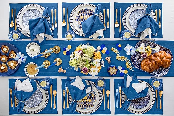 Solino Home Linen Hemstitch Table Runner 120 Inches Long - 100% Pure Linen Indigo Blue Table Runner 14 x 120 Inch for Fall, Autumn, Christmas - Classic Hemstitch