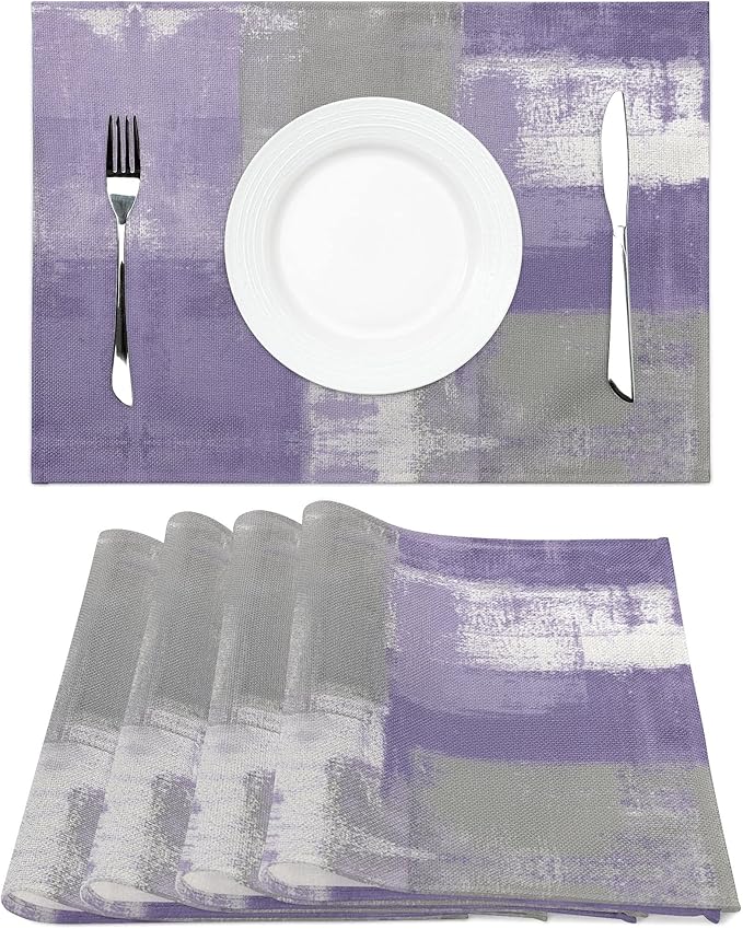 Modern Art Placemats Set of 4 Purple Abstract Painting Place Mats Washable Linen Grey Placemat for Dining Table Kitchen Party Home Decor 18x12 Inches