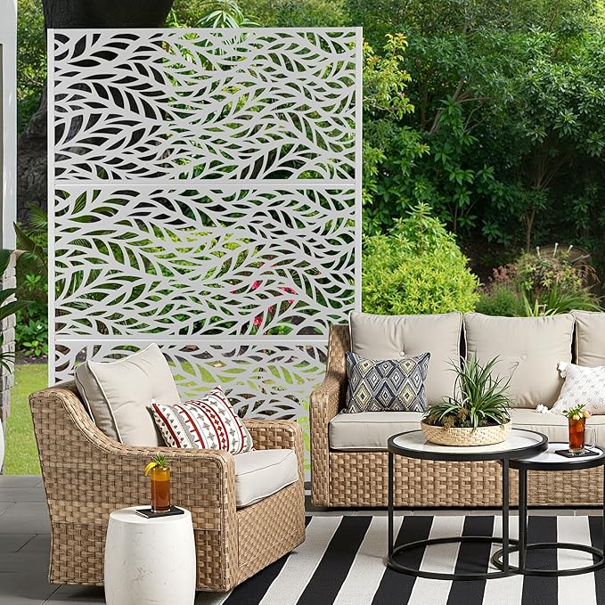 Metal Privacy Screen for Outdoor & Indoor Use, Free Standing Privacy Screen for Patio Garden Pool, 72" H x 47" W Decoative Privacy Panels, Weather Resistant, Easy Assembly (White Spring)