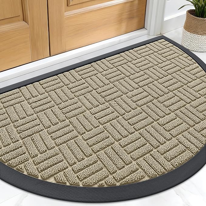OLANLY Half Circle Door Mat Outside Entrance 29.5x17, Absorbent, Heavy Duty Sturdy Natural Rubber Doormat Indoor Outdoor, Fade Resistant, Non-Slip Backing Low Profile Floor Mat for Entryway, Beige