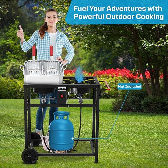 Deep Fryer with Double Burner Propane Stove Outdoor, 2×18QT Aluminum Pots & Frying Baskets, 100,000 BTU High-Power, Fish Fryer for Wings, Fries, Cajun Fry