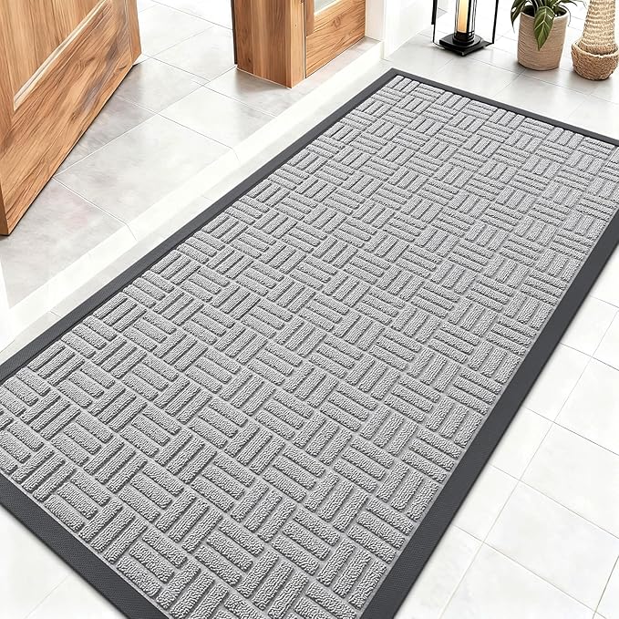 OLANLY Front Door Mat Outside Entrance 47x23, Absorbent, Heavy Duty Sturdy Natural Rubber Doormat Indoor Outdoor, Non-Slip, Stain and Fade Resistant, Low Profile Floor Mat for Entryway, Light Gray