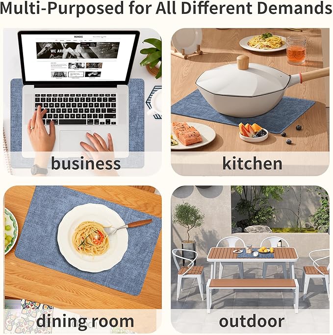 Maxpearl Faux Leather Placemats Set of 6 - Waterproof - Wipe Clean - Heat Resistant - Anti Slip Dining Table Place Mats, Suitable for Indoor & Outdoor Use, 17’’×12’’, Blue