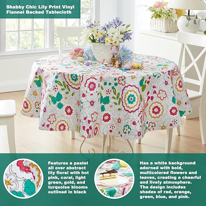 Newbridge Shabby Chic Lily Print 70 Inch Round Vinyl Flannel Backed Tablecloth, Pink Yellow and Green Lily Indoor and Outdoor Waterproof Vinyl Table Cover for Spring Holiday Party
