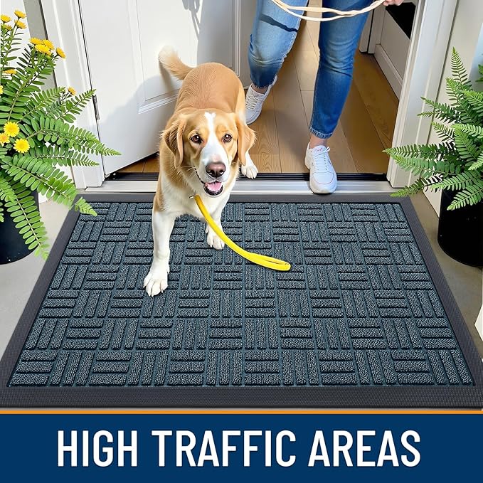 OLANLY Front Door Mat Outside Entrance 35x23, Absorbent, Heavy Duty Sturdy Natural Rubber Doormat Indoor Outdoor, Non-Slip, Stain and Fade Resistant, Low Profile Floor Mat for Entryway, Lake Blue