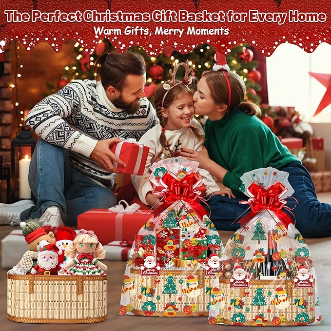 2 Set Baskets for Gifts Empty, Large Bamboo Christmas Gift Baskets with Handle, Foldable Woven Holiday Baskets for Gifts, DIY Gift Wrapping Set, Reusable Decorative Xmas Basket Kit