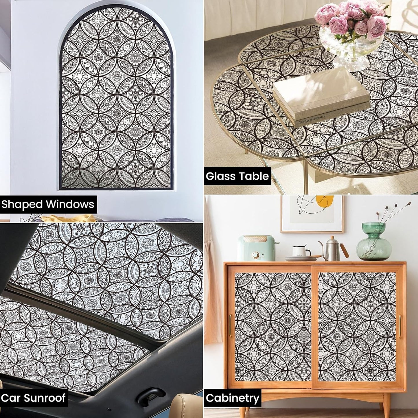 DKTIE Boho Stained Glass Look Window Privacy Film with Installation Tools, Decorative Frosted Glass Window Film Static Cling No Glue Removable, Pure Black, 17.7" x 118.1"