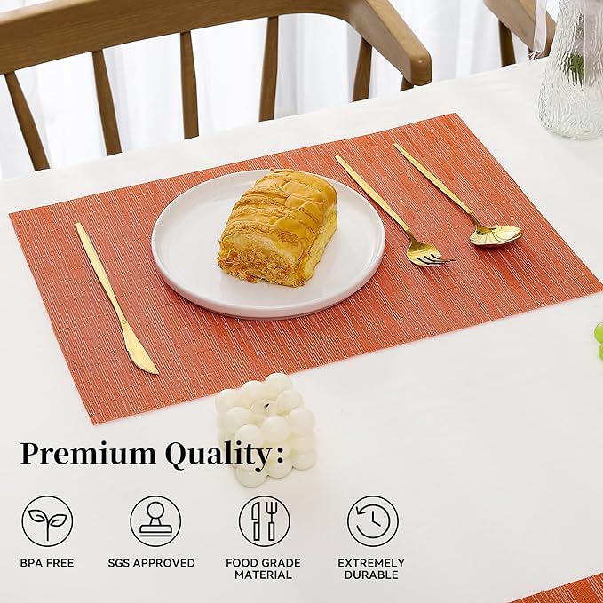 Leetaltree Orange Placemats Set of 8 - Heat Resistant Non-Slip Place mats for Dining Table, Washable Durable PVC Vinyl Woven Table Mats（Orange, 8）
