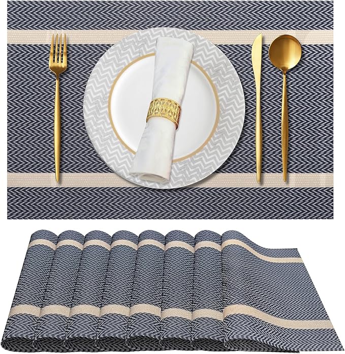 Vinyl Placemats Set of 8, PVC Woven Washable Non-Slip Table Mats, Heat Resistant Wrinkle Free Place Mats for Dining Table, Easy to Clean (Dark Blue)