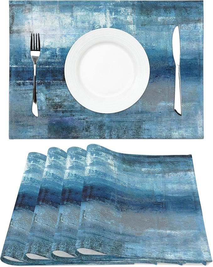 Modern Art Placemats Set of 4 Blue and Grey Abstract Painting Place Mats Washable Linen Placemat for Kitchen Dining Table Home Party Dinner Decor 18x12 Inches